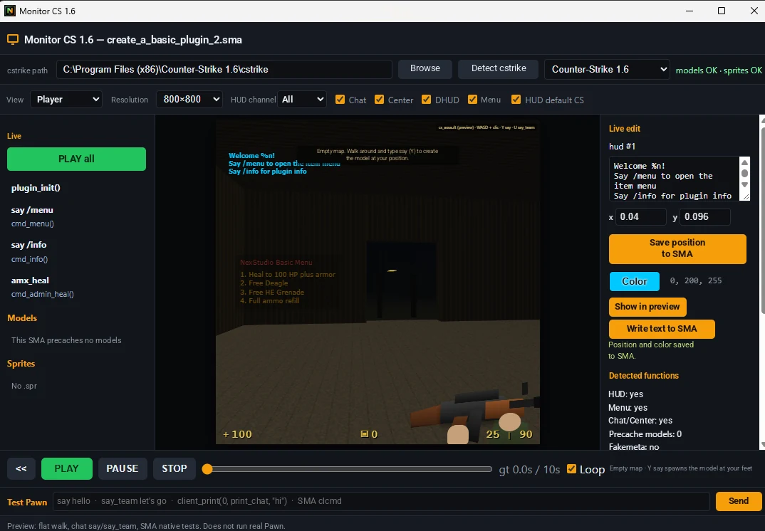 CS 1.6 Monitor showing a weapons menu and HUD with live position and color editing