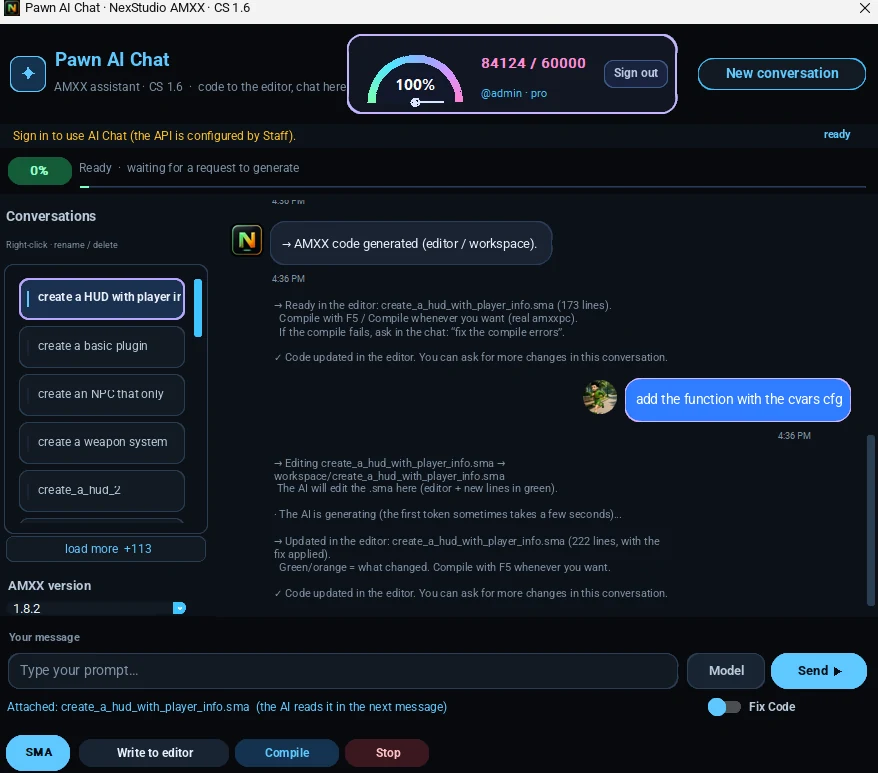 Pawn AI Chat modifying the same .sma in the same conversation
