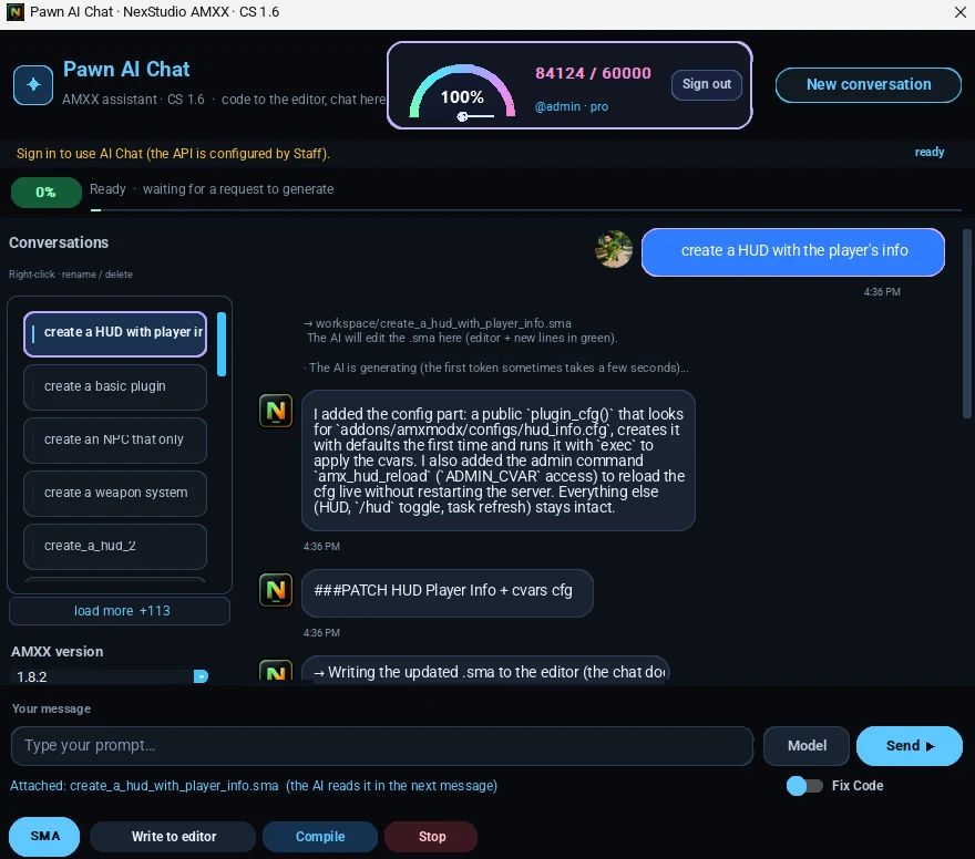 Pawn AI Chat creating a player info HUD in a new conversation